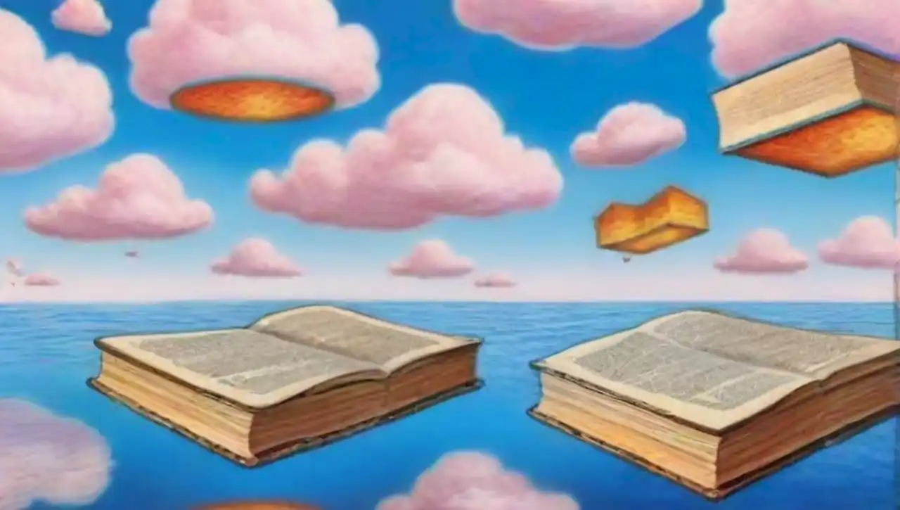 Un paisaje surrealista con libros flotantes y figuras juguetonas en colores vibrantes.