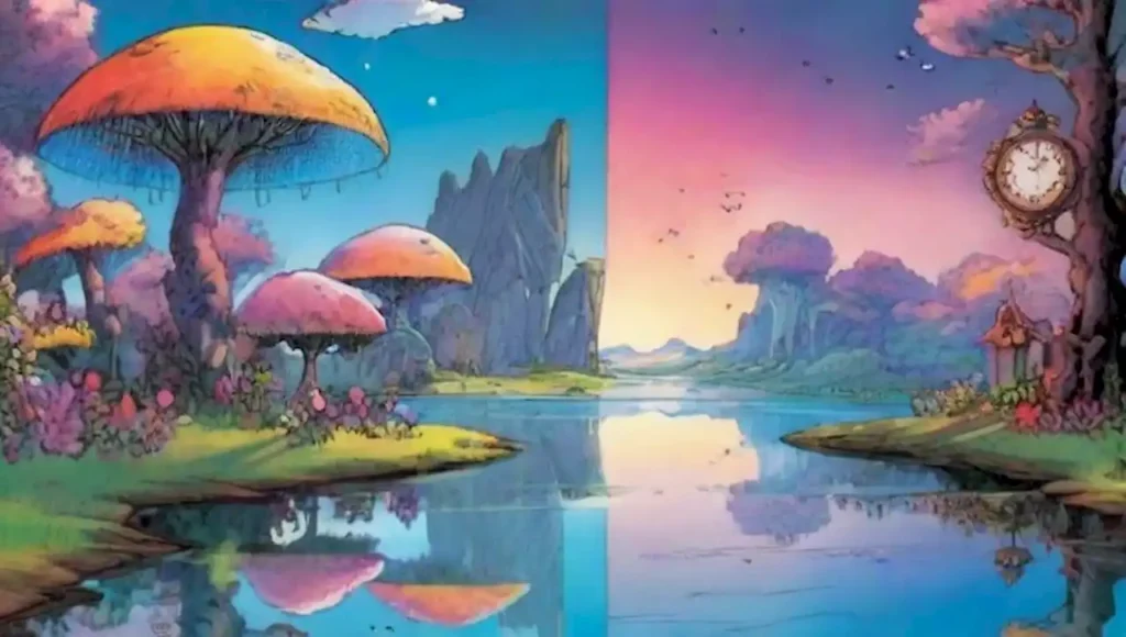 Paisajes etéreos y surrealistas llenos de colores vibrantes y criaturas mágicas.