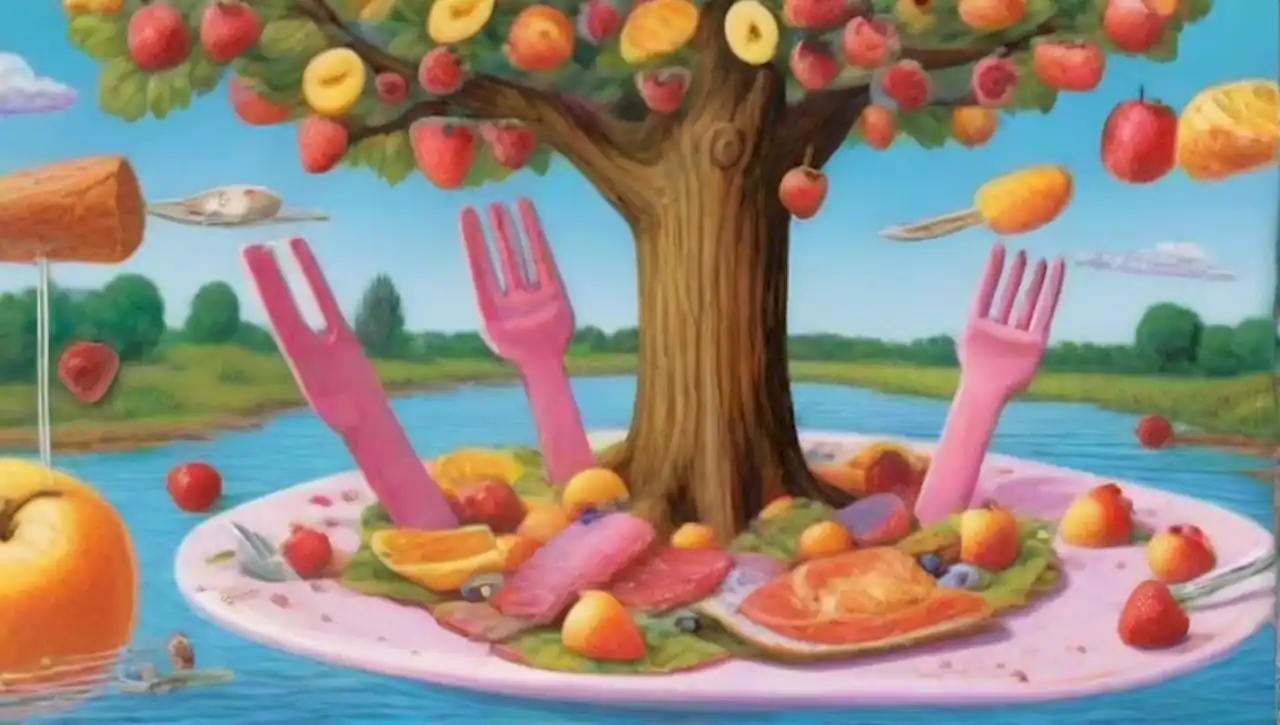 Animales surrealistas cenan en un paisaje de cocina de ensueño con comida flotante y colores vibrantes.