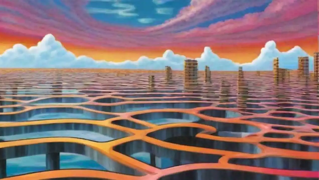 Paisaje surrealista con formas geométricas flotantes y un ambiente onírico.