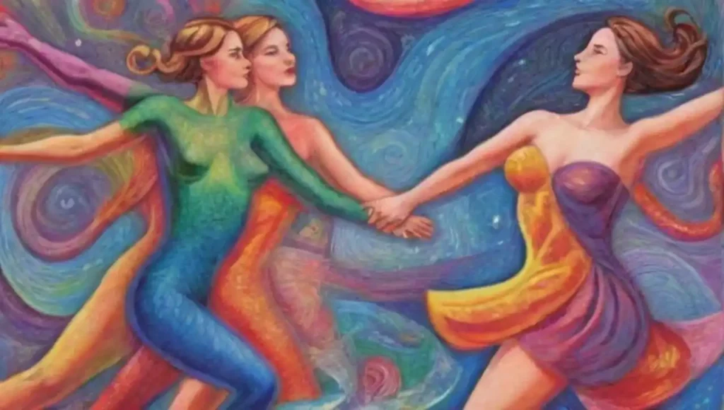 Formas abstractas y coloridas se entrelazan en una danza de conexión y unidad.