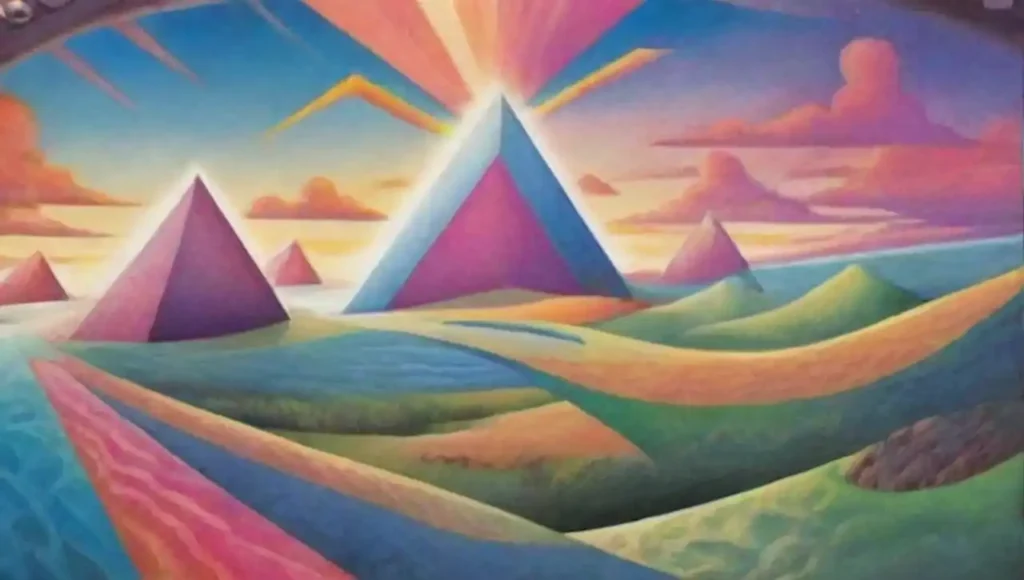 Paisaje surrealista con formas geométricas flotantes y colores vibrantes.